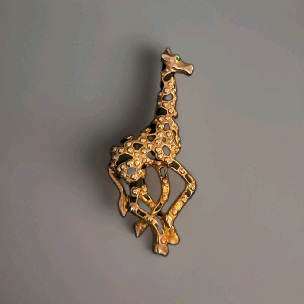 Vintage Galloping Giraffe Brooch Statement Costume Jewelry Pin Green Eye